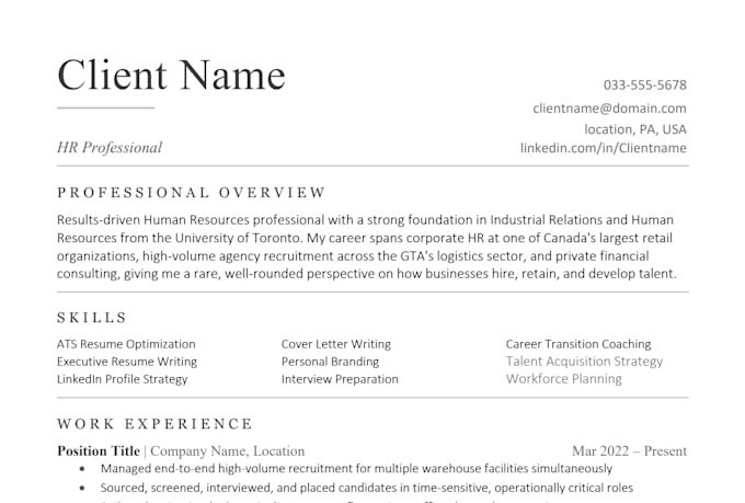 write an ats optimized resume as a former HR professional